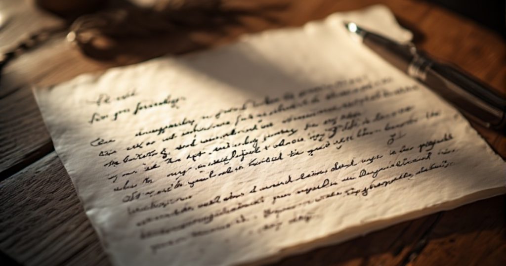 A handwritten open letter on a wooden table with a pen beside it